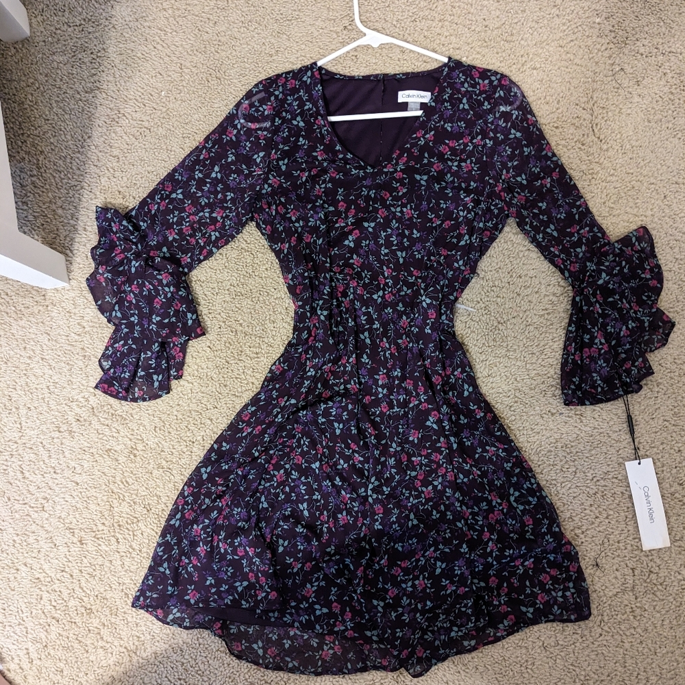 Calvin klein floral purple a-line shift mini dress, sheer crepe chiffon